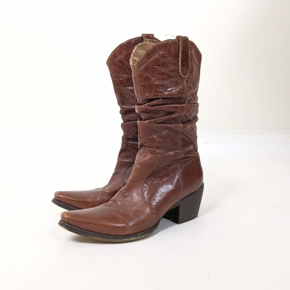 Brown Leather Cowgirl Cowboy Boots Mesh Lining Heeled Slouchy - Picture 1 of 12